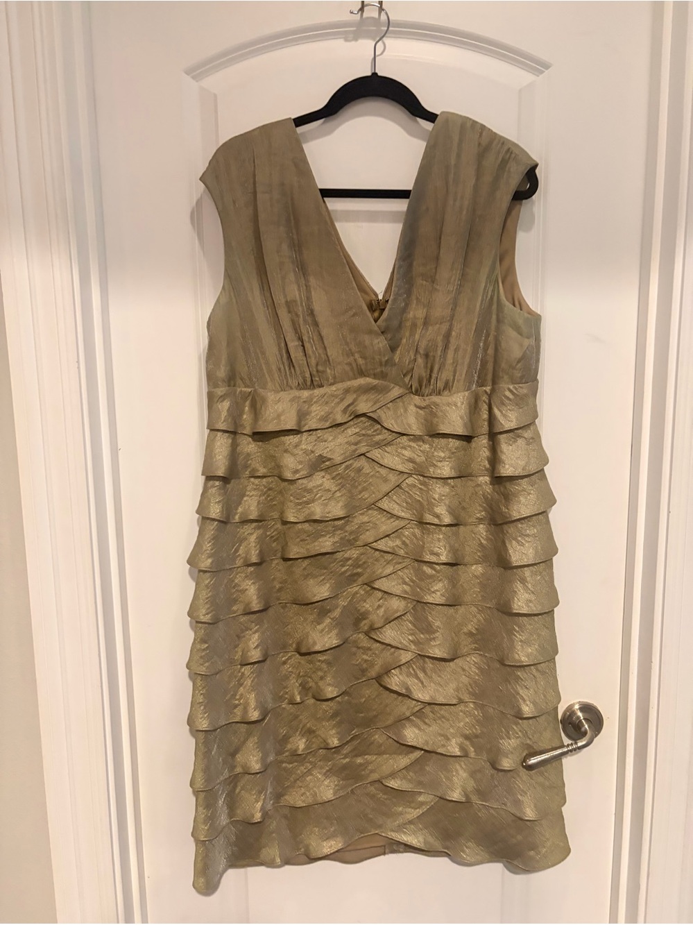 London Times Gold Ruffle Tier V-Neck Midi Dress